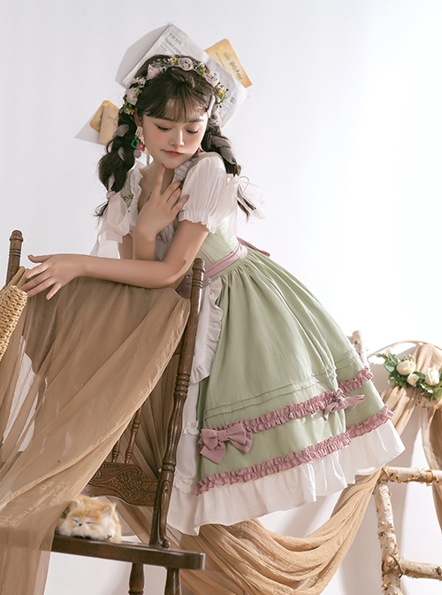 Tulip Garden Series Spring Small Fresh Tulip Embroidery Lacing Sweet Lolita Sleeveless Dress Set