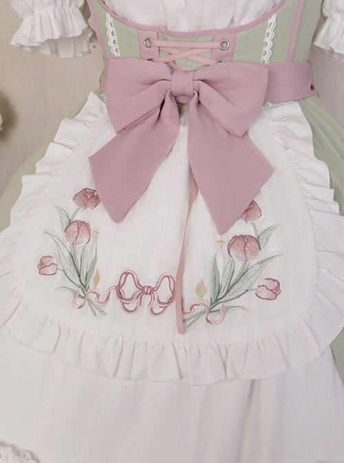 Tulip Garden Series Spring Small Fresh Tulip Embroidery Lacing Sweet Lolita Sleeveless Dress Set