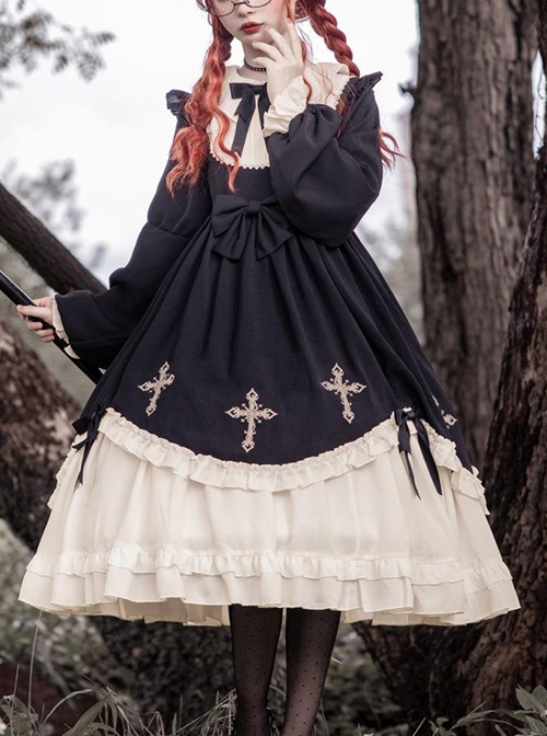 Starry Night Series Round Neck Bowknot Cute Girly Cross Embroidery Ruffle Hem Gothic Lolita Long Sleeve Dress