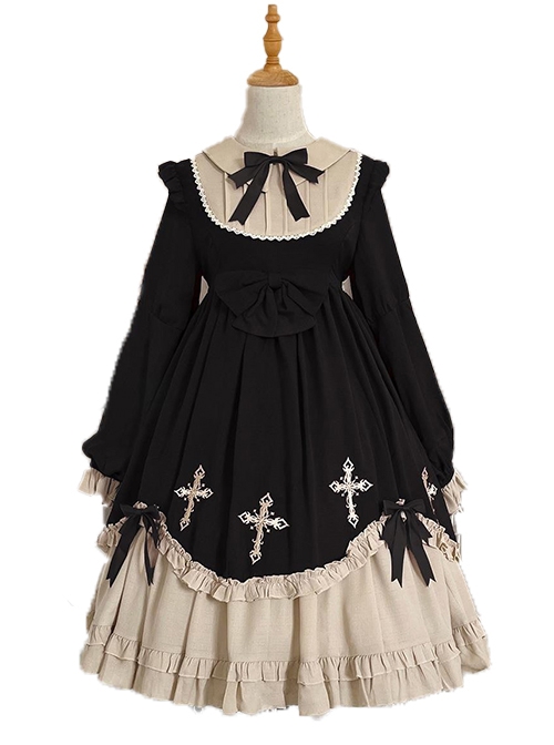 Starry Night Series Round Neck Bowknot Cute Girly Cross Embroidery Ruffle Hem Gothic Lolita Long Sleeve Dress