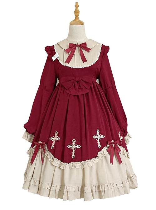 Starry Night Series Round Neck Bowknot Cute Girly Cross Embroidery Ruffle Hem Gothic Lolita Long Sleeve Dress