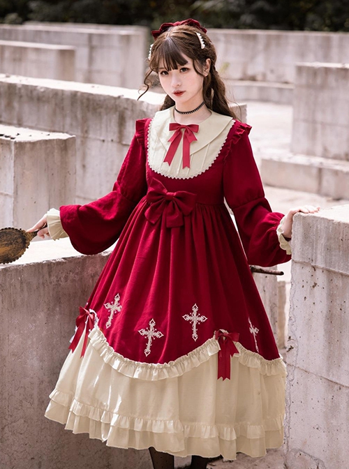 Starry Night Series Round Neck Bowknot Cute Girly Cross Embroidery Ruffle Hem Gothic Lolita Long Sleeve Dress