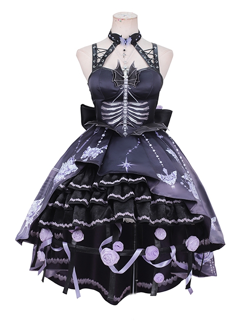 Retro Gothic Three-Dimensional Butterfly Bat Wing Decoration Hollow Bone Print Irregular Hem Halloween Gothic Lolita Sleeveless Dress