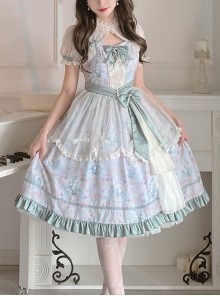 Spring Summer Elegant Lily Of The Valley Print Fresh Lace Bowknot Decoration Classic Lolita Sleeveless Dress Set