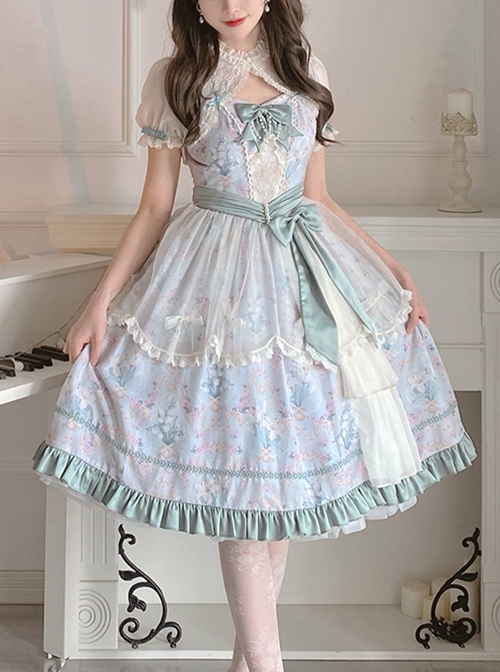 Spring Summer Elegant Lily Of The Valley Print Fresh Lace Bowknot Decoration Classic Lolita Sleeveless Dress Set