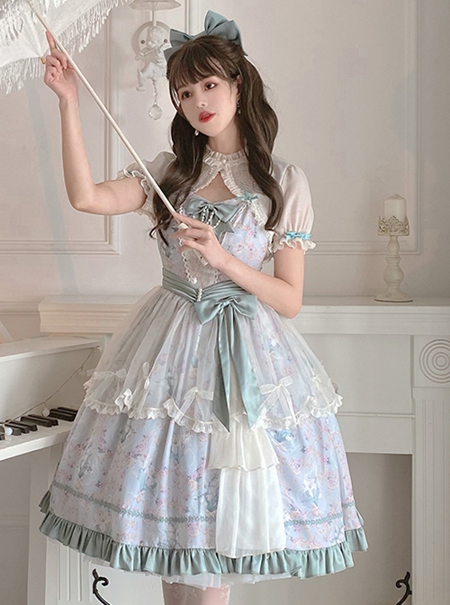 Spring Summer Elegant Lily Of The Valley Print Fresh Lace Bowknot Decoration Classic Lolita Sleeveless Dress Set