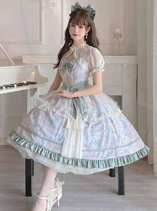 Spring Summer Elegant Lily Of The Valley Print Fresh Lace Bowknot Decoration Classic Lolita Sleeveless Dress Set