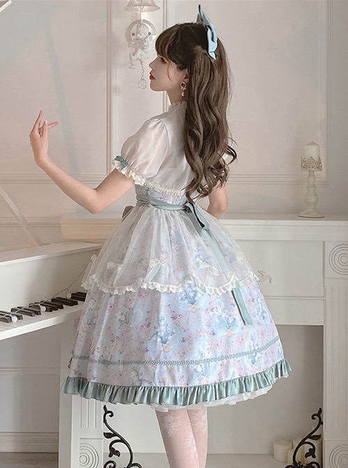 Spring Summer Elegant Lily Of The Valley Print Fresh Lace Bowknot Decoration Classic Lolita Sleeveless Dress Set