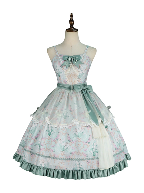 Spring Summer Elegant Lily Of The Valley Print Fresh Lace Bowknot Decoration Classic Lolita Sleeveless Dress Set