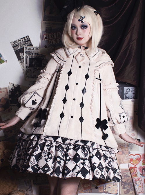 Checkerboard Grid Series Gothic Lolita Spring Plush Thermal Coat Print Sleeveless Dress Set