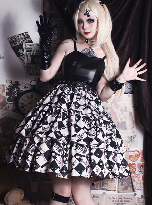 Checkerboard Grid Series Gothic Lolita Spring Plush Thermal Coat Print Sleeveless Dress Set