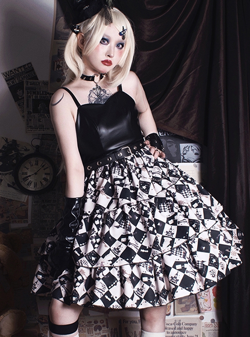 Checkerboard Grid Series Gothic Lolita Spring Plush Thermal Coat Print Sleeveless Dress Set