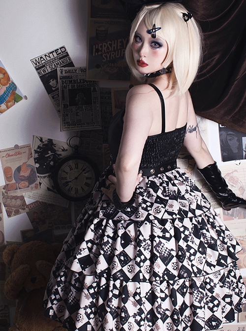 Checkerboard Grid Series Gothic Lolita Spring Plush Thermal Coat Print Sleeveless Dress Set