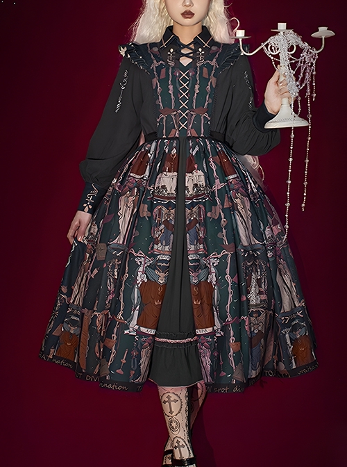 Tarot Series Retro Palace Style Elegant Cla System Gothic Lolita Tarot Printed Sleeveless Dress Embroidery Lantern Sleeve Long-Sleeved Shirt Suit