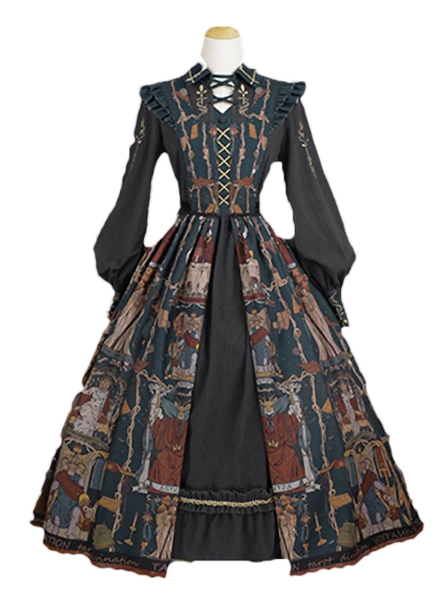 Tarot Series Retro Palace Style Elegant Cla System Gothic Lolita Tarot Printed Sleeveless Dress Embroidery Lantern Sleeve Long-Sleeved Shirt Suit