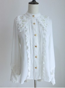 Spring Autumn Gold Thread Constellation Embroidery Lace Lapel Exquisite Star Buttons Simple JK Uniform Classic Lolita Long-Sleeved Shirt