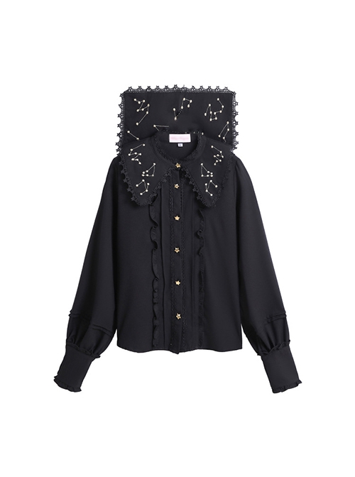 Spring Autumn Gold Thread Constellation Embroidery Lace Lapel Exquisite Star Buttons Simple JK Uniform Classic Lolita Long-Sleeved Shirt