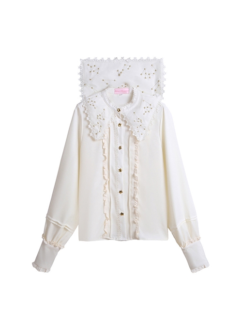 Spring Autumn Gold Thread Constellation Embroidery Lace Lapel Exquisite Star Buttons Simple JK Uniform Classic Lolita Long-Sleeved Shirt