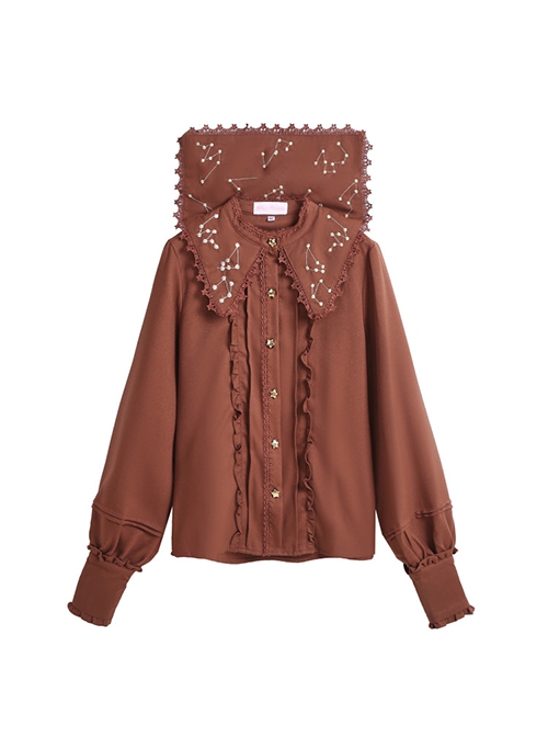 Spring Autumn Gold Thread Constellation Embroidery Lace Lapel Exquisite Star Buttons Simple JK Uniform Classic Lolita Long-Sleeved Shirt