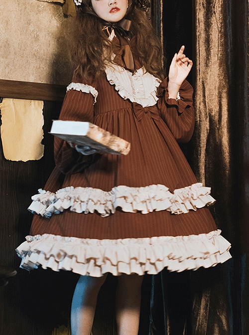 Coco Milkshake Series Spring Autumn Daily Stand-Up Collar Lace Stitching Lantern Sleeve Bowknot Decoration Striped Sweet Lolita Long-Sleeved Dress