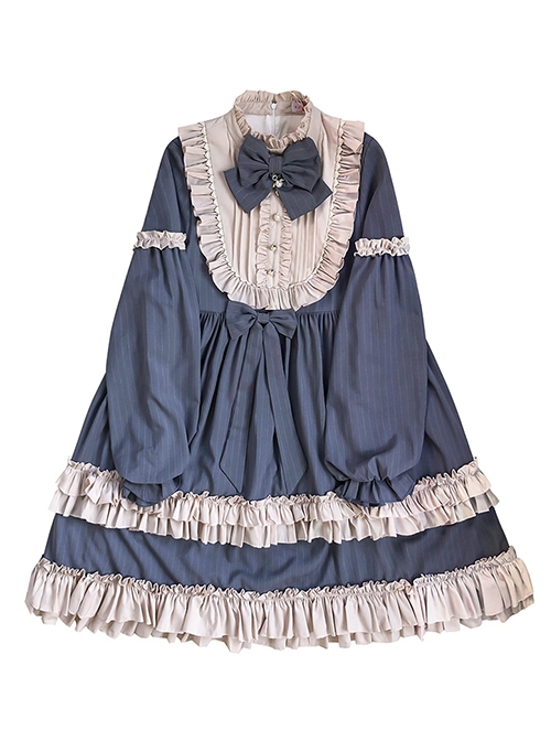 Coco Milkshake Series Spring Autumn Daily Stand-Up Collar Lace Stitching Lantern Sleeve Bowknot Decoration Striped Sweet Lolita Long-Sleeved Dress