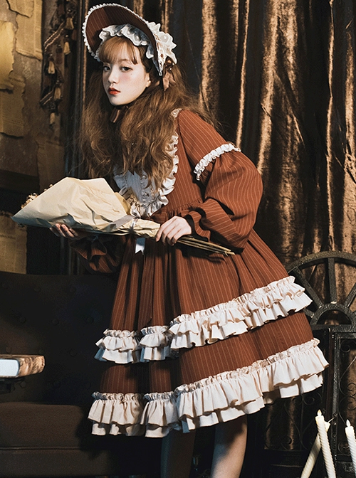 Coco Milkshake Series Spring Autumn Daily Stand-Up Collar Lace Stitching Lantern Sleeve Bowknot Decoration Striped Sweet Lolita Long-Sleeved Dress