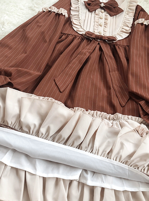 Coco Milkshake Series Spring Autumn Daily Stand-Up Collar Lace Stitching Lantern Sleeve Bowknot Decoration Striped Sweet Lolita Long-Sleeved Dress