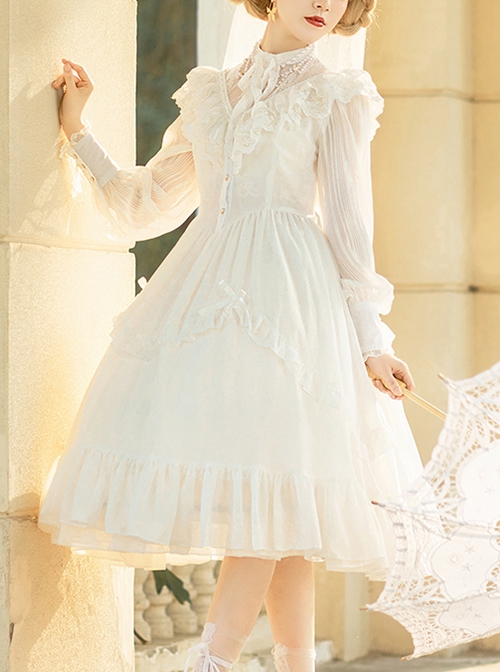 La Traviata Series French Elegant Solid Color Retro Lace Translucent Stand Collar Classic Lolita Long-Sleeved Dress