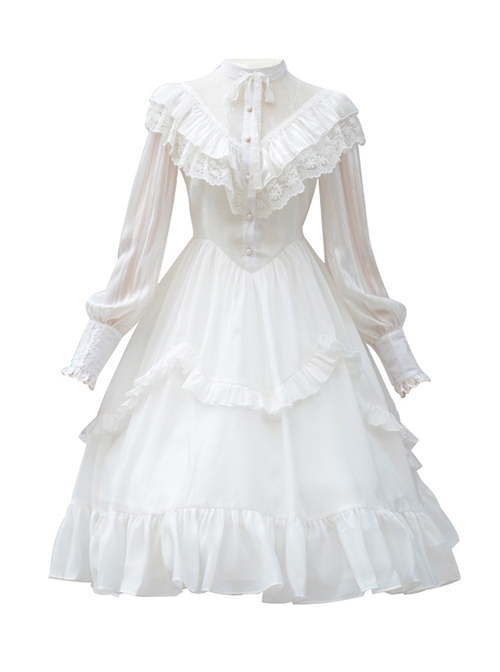 La Traviata Series French Elegant Solid Color Retro Lace Translucent Stand Collar Classic Lolita Long-Sleeved Dress