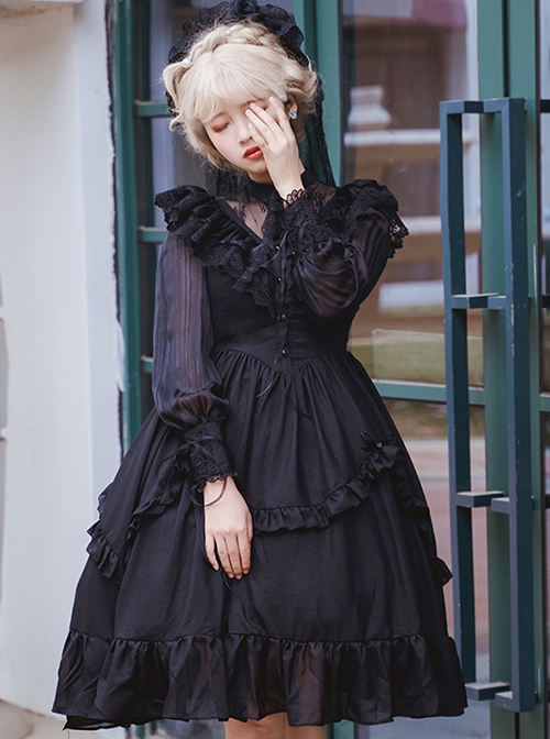 La Traviata Series French Elegant Solid Color Retro Lace Translucent Stand Collar Classic Lolita Long-Sleeved Dress