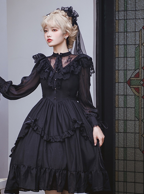 La Traviata Series French Elegant Solid Color Retro Lace Translucent Stand Collar Classic Lolita Long-Sleeved Dress