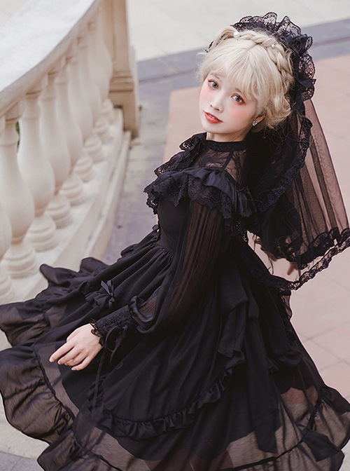 La Traviata Series French Elegant Solid Color Retro Lace Translucent Stand Collar Classic Lolita Long-Sleeved Dress