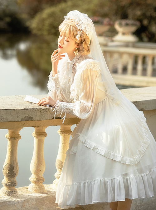 La Traviata Series French Elegant Solid Color Retro Lace Translucent Stand Collar Classic Lolita Long-Sleeved Dress