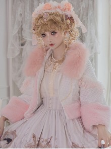 Autumn Winter Warm Thick Pink Fur Collar Lace Trumpet Sleeve Sweet Lolita Long-Sleeved Short Coat