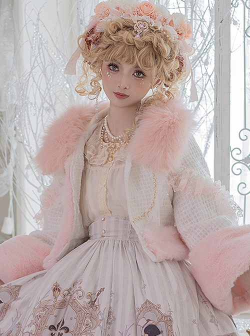 Autumn Winter Warm Thick Pink Fur Collar Lace Trumpet Sleeve Sweet Lolita Long-Sleeved Short Coat