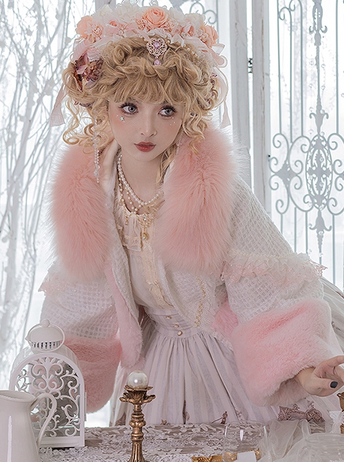 Autumn Winter Warm Thick Pink Fur Collar Lace Trumpet Sleeve Sweet Lolita Long-Sleeved Short Coat