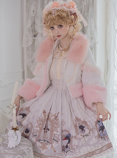 Autumn Winter Warm Thick Pink Fur Collar Lace Trumpet Sleeve Sweet Lolita Long-Sleeved Short Coat