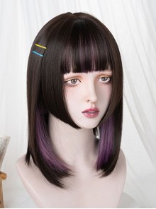 Cute Black Purple Mixed Color Medium Long Straight Hair Qi Bangs Punk Lolita Wig