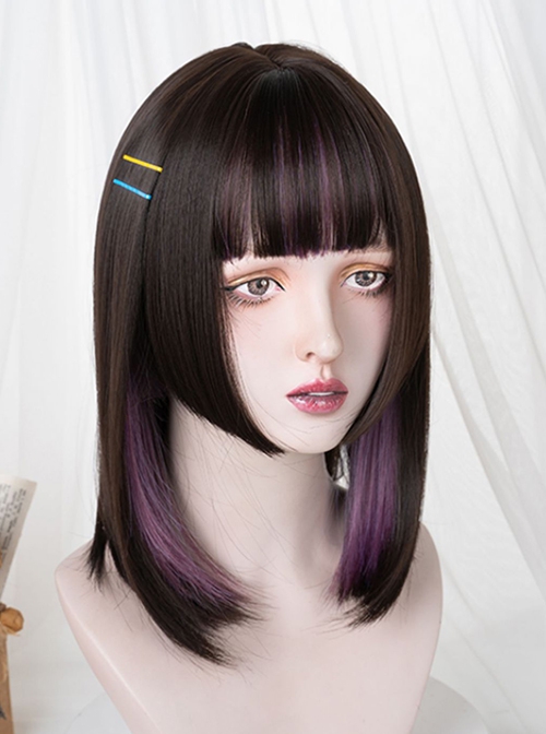 Cute Black Purple Mixed Color Medium Long Straight Hair Qi Bangs Punk Lolita Wig