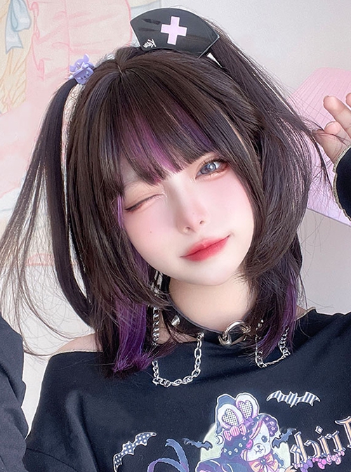 Cute Black Purple Mixed Color Medium Long Straight Hair Qi Bangs Punk Lolita Wig