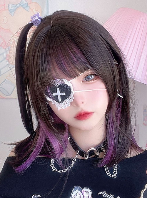 Cute Black Purple Mixed Color Medium Long Straight Hair Qi Bangs Punk Lolita Wig