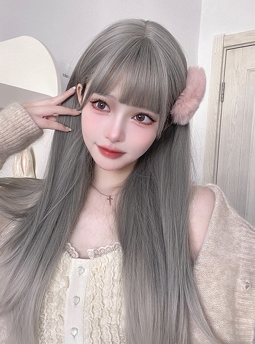 Fashion Silver-Gray Gradient Qi Bangs Daily Long Straight Hair Punk Lolita Wig