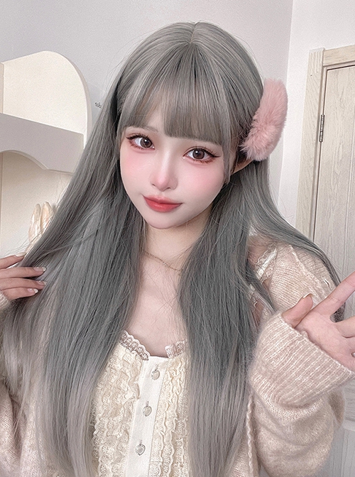 Fashion Silver-Gray Gradient Qi Bangs Daily Long Straight Hair Punk Lolita Wig