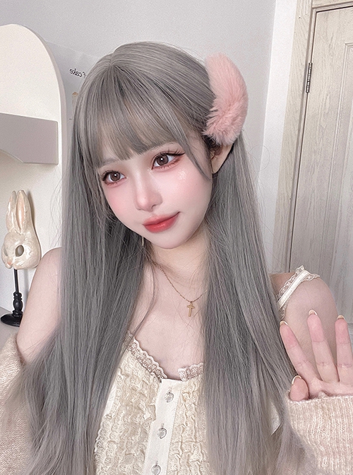 Fashion Silver-Gray Gradient Qi Bangs Daily Long Straight Hair Punk Lolita Wig