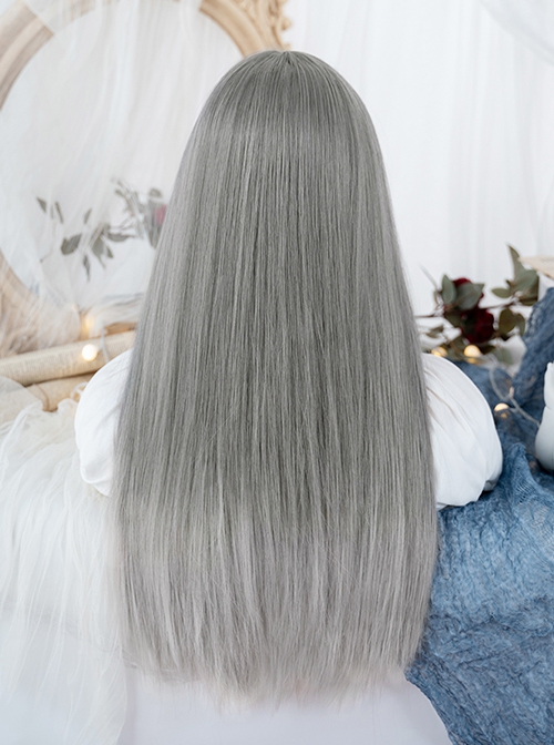 Fashion Silver-Gray Gradient Qi Bangs Daily Long Straight Hair Punk Lolita Wig