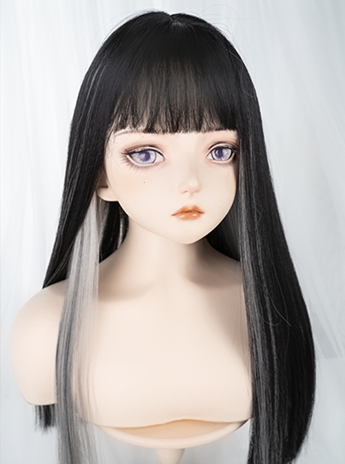 Natural Black Mixed Color Gray Hanging Ear Dyed Sweet Cute Qi Bangs Long Straight Hair Classic Lolita Wig