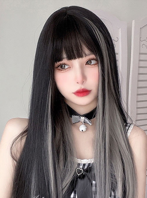 Natural Black Mixed Color Gray Hanging Ear Dyed Sweet Cute Qi Bangs Long Straight Hair Classic Lolita Wig