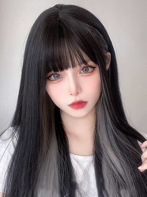 Natural Black Mixed Color Gray Hanging Ear Dyed Sweet Cute Qi Bangs Long Straight Hair Classic Lolita Wig