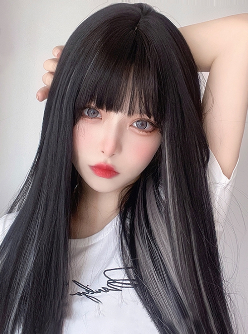 Natural Black Mixed Color Gray Hanging Ear Dyed Sweet Cute Qi Bangs Long Straight Hair Classic Lolita Wig