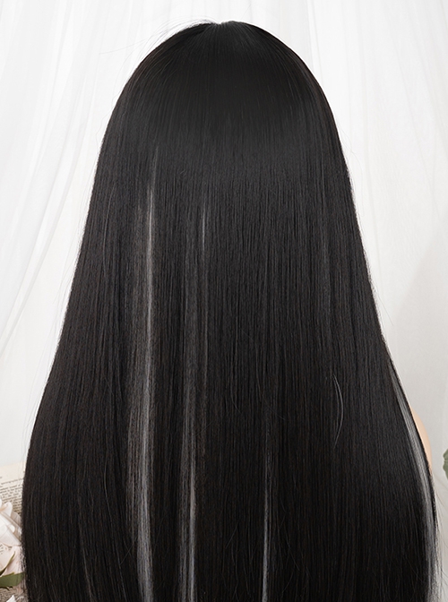 Natural Black Mixed Color Gray Hanging Ear Dyed Sweet Cute Qi Bangs Long Straight Hair Classic Lolita Wig